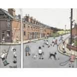 TERRY ALLEN (b.1943) OIL ON CANVAS Street scene with children playing, Penny Lane Signed 34" x