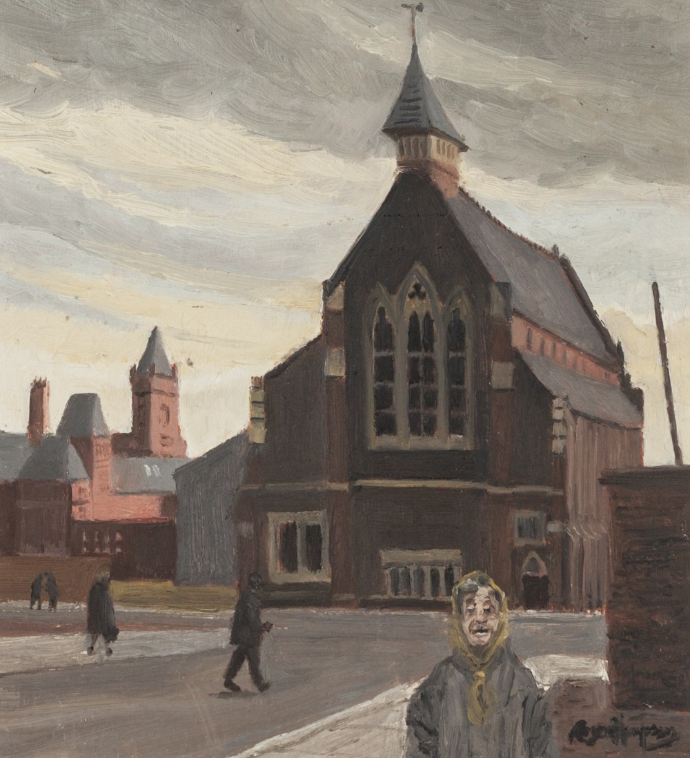 ROGER HAMPSON (1925 - 1996) OIL PAINTING ON BOARD 'Dockside Church, Cardiff' Signed, titled and