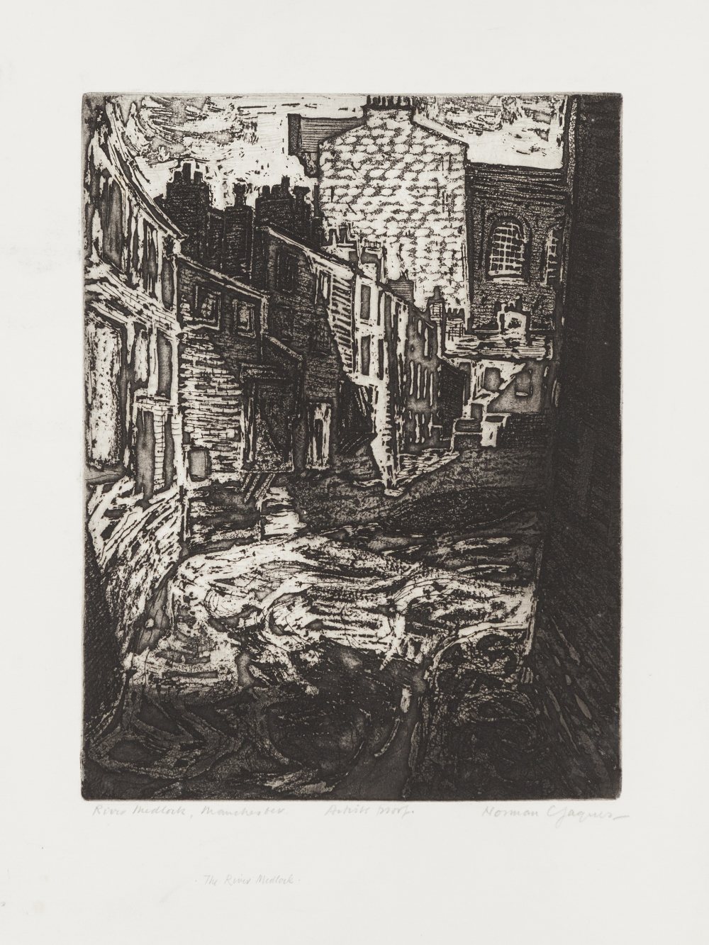NORMAN C JAQUES (1926-2014) THREE BLACK AND WHITE ETCHINGS MANCHESTER SCENES 'River Medlock,