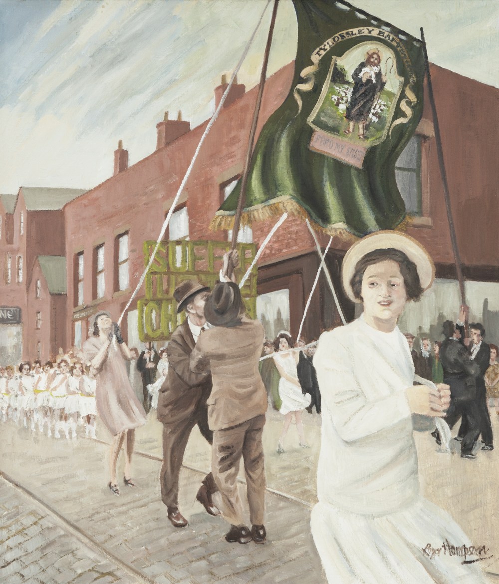 ROGER HAMPSON (1925 - 1996) OIL PAINTING ON CANVAS 'Walking Day Incident' Signed lower right, titled