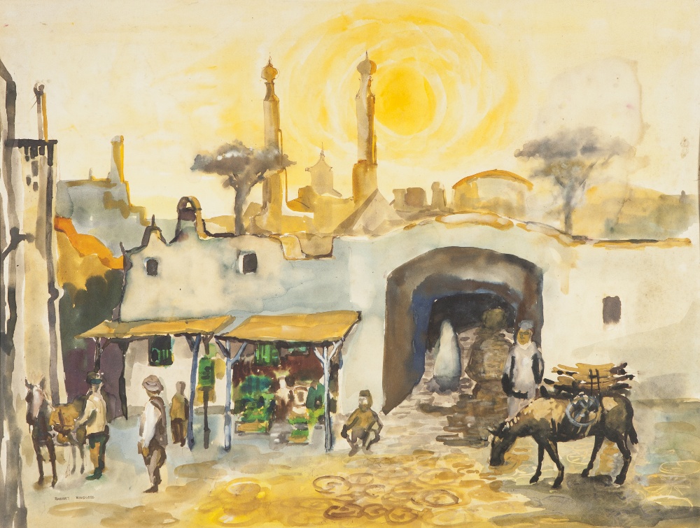 ROBERT BINDLOSS (b.1939) WATERCOLOUR DRAWING Spanish courtyard scene with figures and donkeys Signed