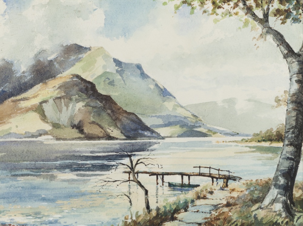 TOM BROWN (1933) WATERCOLOUR DRAWING Lake District scene with boat moored to a jetty in the