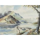 TOM BROWN (1933) WATERCOLOUR DRAWING Lake District scene with boat moored to a jetty in the