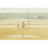 •ROBERT LITTLEFORD (b.1940) WATERCOLOUR DRAWING Beach scene at low tide with two children with