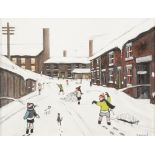 TERRY ALLEN (b.1943) OIL ON CANVAS Winter street scene with children playing in the snow Signed