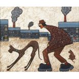 ALBERT BARLOW (b.1944) OIL PAINTING ON BOARD 'Walking the Dog' Signed and titled verso 9 ½" x