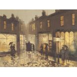 COLIN HILTON (TWENTIETH CENTURY) OIL PAINTING Bygone twilight street scene with figures and hansom