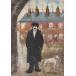 CHARLES M. JONES (1923-2008) OIL PAINTING ON BOARD Man with dog Signed lower right and signed,