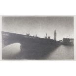 MARC GRIMSHAW (b.1957) PENCIL DRAWING Silhouetted view of Big Ben from the Thames Monogrammed 9 ¾" x