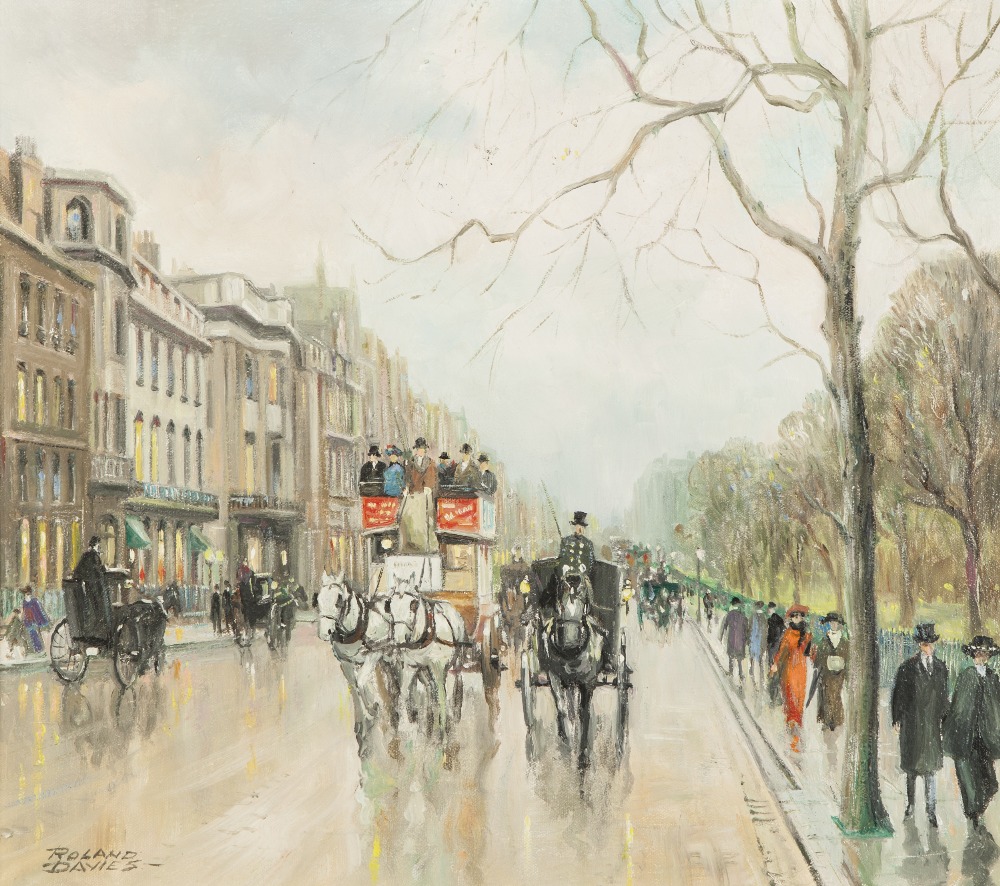 ROLAND DAVIES (1904-1993) OIL PAINTING 'Sunday Evening Piccadilly 1904' Signed 15 ½" x 17 ½" (39.4cm