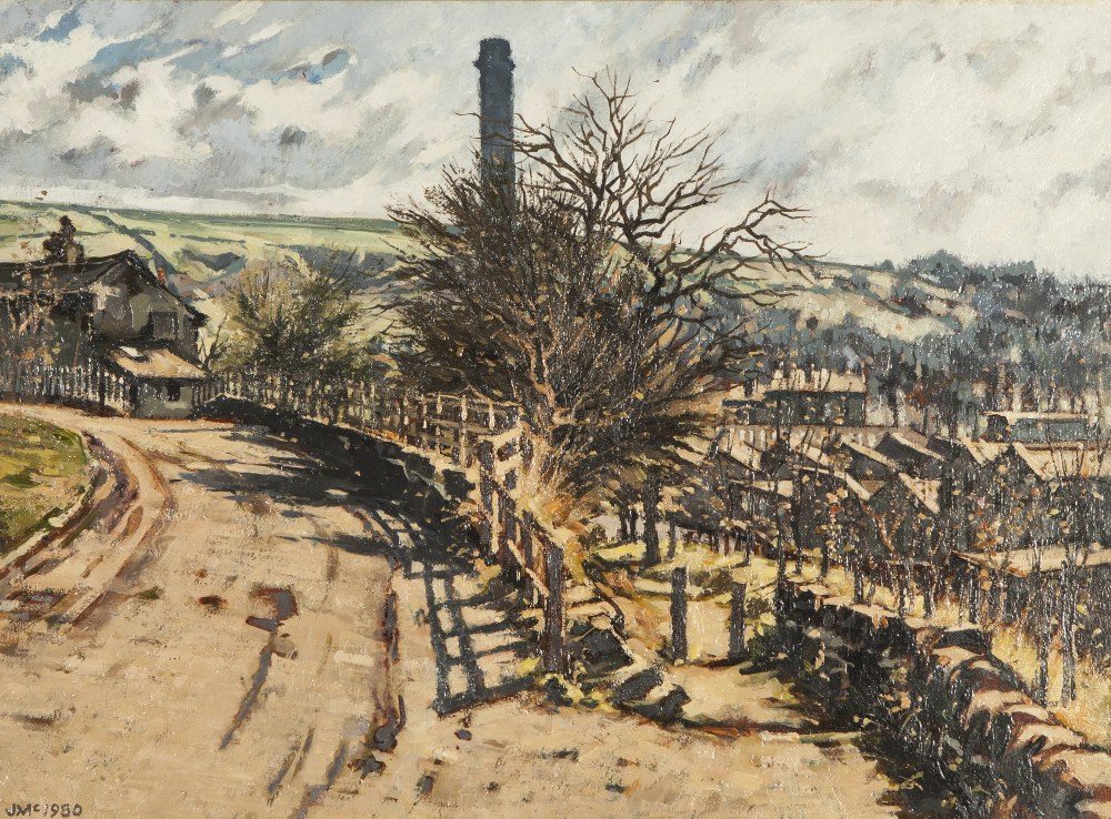 •JOHN McCOMBS (b.1943) OIL PAINTING 'Hill End Road - Delph - Saddleworth' Initialled and date 1980