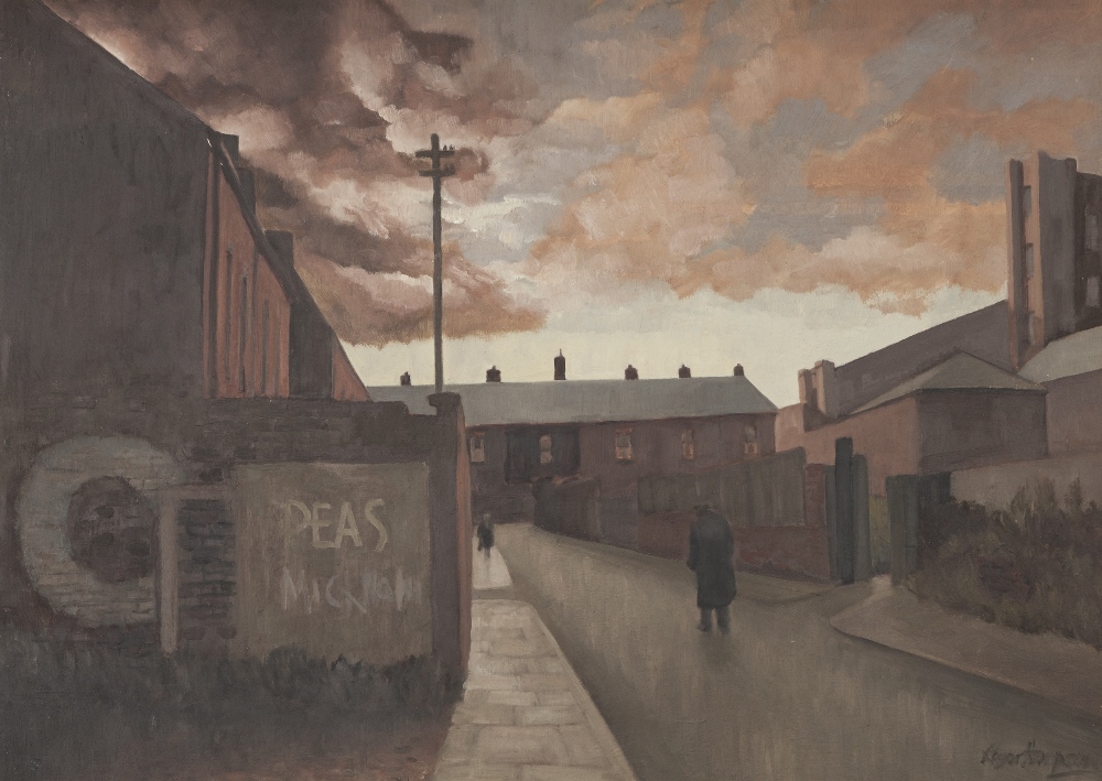 ROGER HAMPSON (1925-1996) OIL PAINTING ON BOARD 'St. Luke Street, Bolton' at sunset Signed lower