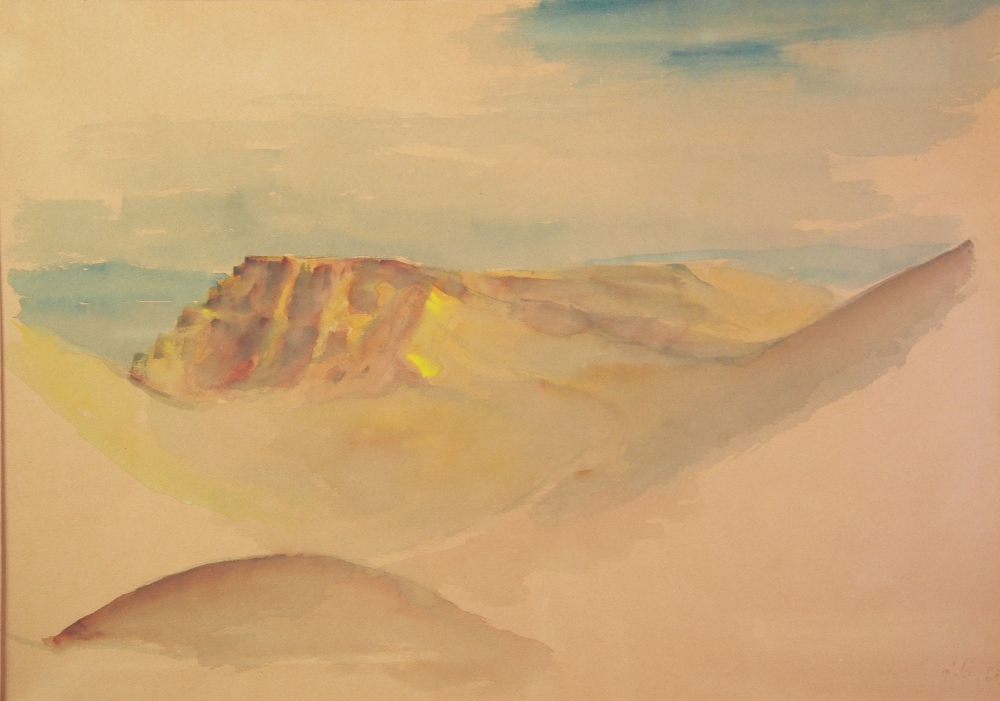 •HAROLD RILEY (b. 1934) WATERCOLOUR DRAWING ON COLOURED PAPER 'Masada/before the Dead Sea' Signed