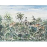 KENNETH LAWSON (1920 - 2008) INK AND WATERCOLOUR ON PAPER 'Landscape with Church, Gran Canaria'