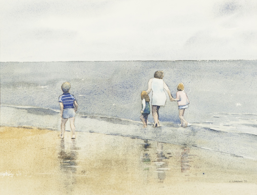 •ROBERT LITTLEFORD (b.1940) WATERCOLOUR DRAWING Beach scene with woman and three children paddling