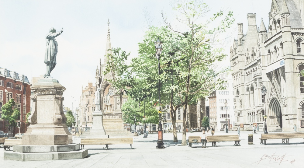 GEOFF BUTTERWORTH (b.1951) WATERCOLOUR DRAWING 'In Albert Square, Manchester' Signed, titled to