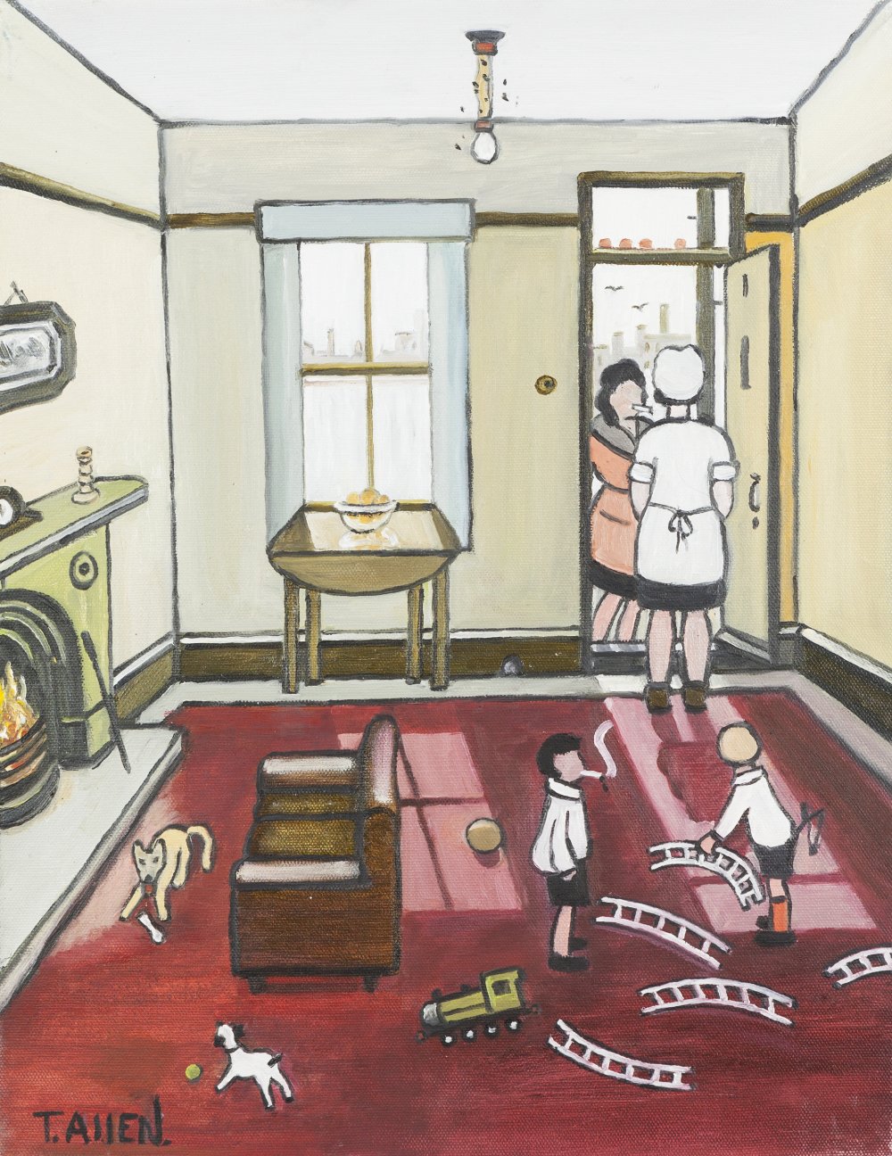 TERRY ALLEN (b.1949) OIL PAINTING House interior with children playing with a train set and two