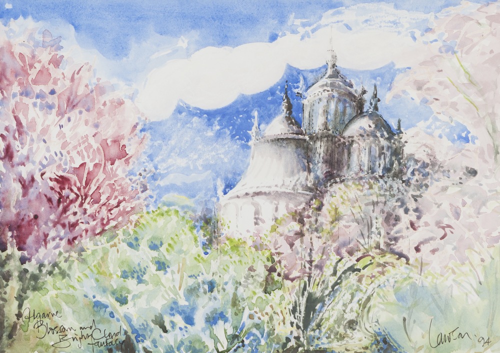 KENNETH LAWSON (1920 - 2008) WATERCOLOUR AND WAX 'Fantasy with Blossom and Bright Cloud, Tavira,