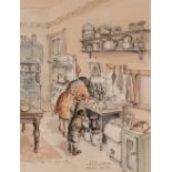 MARGARET CLARKSON (b. 1941) PEN AND BLACK INK AND WATERCOLOUR 'Washing the Pots' Signed, inscribed