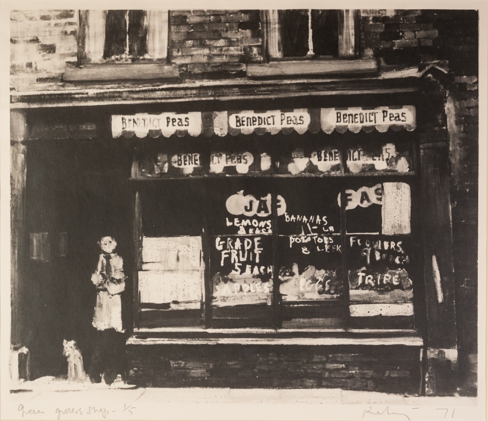 •HAROLD RILEY (1934) ARTIST SIGNED LIMITED EDITION MONOCHROME LITHOGRAPH 'Green Grocer's Shop'