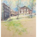 •BOB RICHARDSON (1938) PASTEL DRAWING 'Buildings, Salford' Signed lower right 17 1/2" x 16 1/2" (