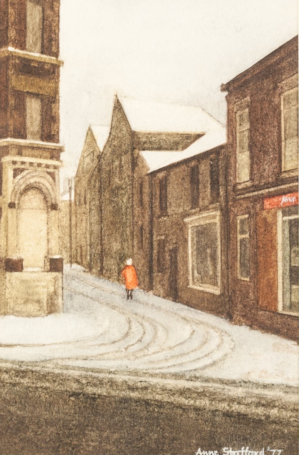 ANNE STAFFORD THREE WATERCOLOUR DRAWINGS Manchester street scene with snow Signed and dated (19)'