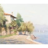 •BOB RICHARDSON (1938) PASTEL DRAWING 'A Villa on the Island in Lake Maggiore' Signed lower left 15"