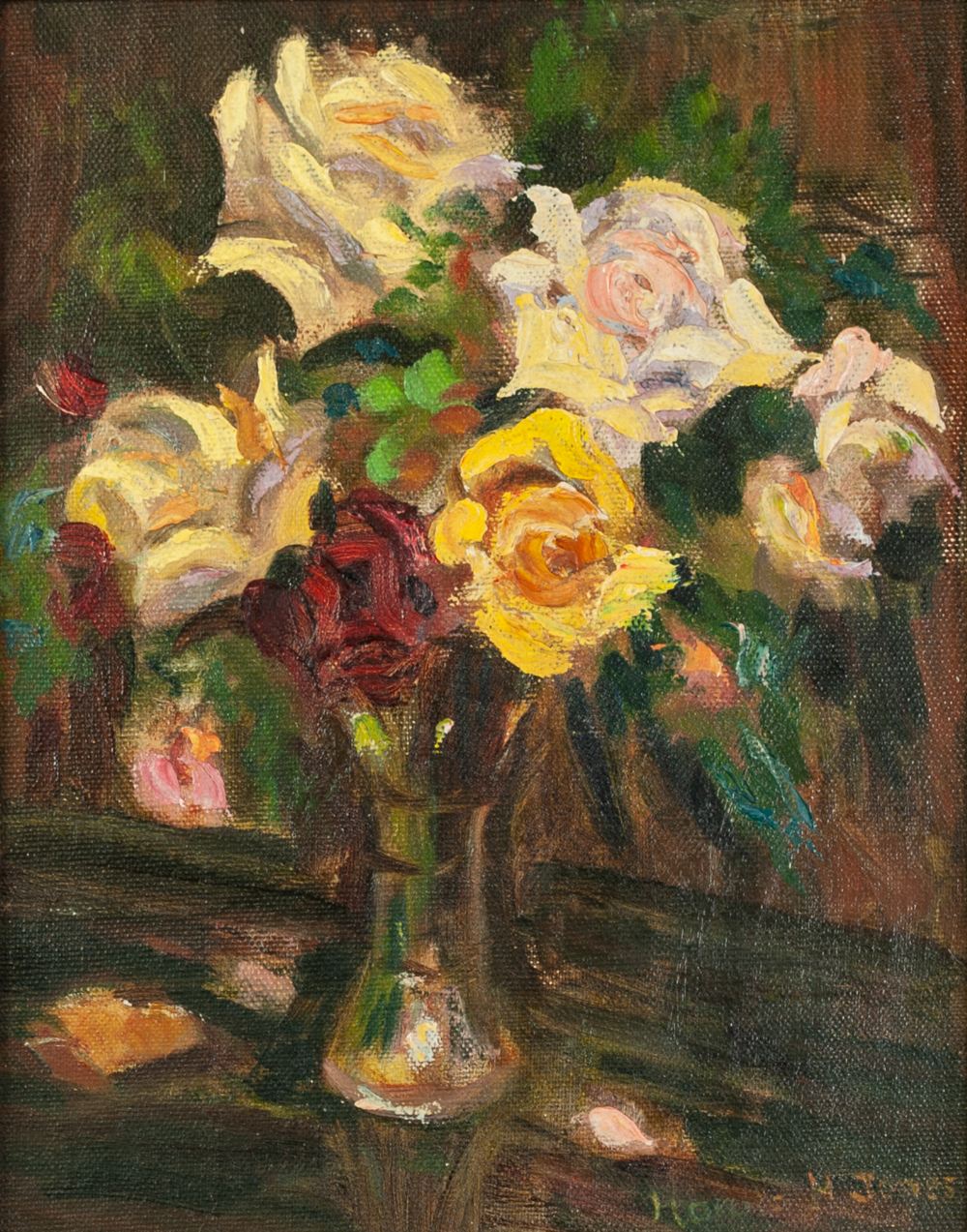 HAROLD JONES OIL PAINTING ON ARTISTS BOARD Still-life - vase of roses Signed lower right 9 3/4" x