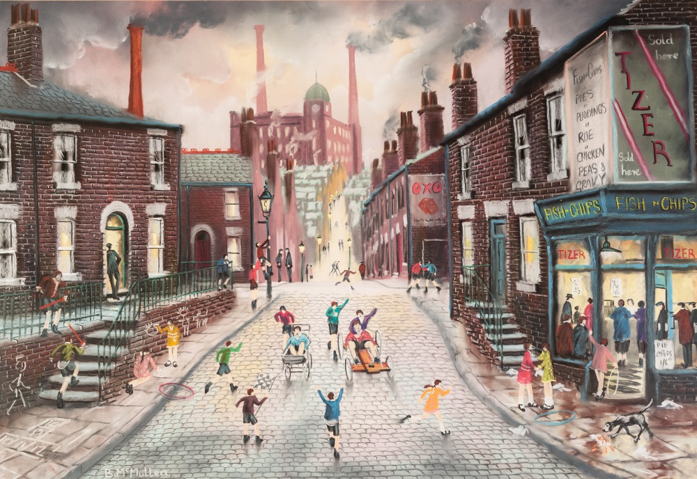 BERNARD McMULLEN (1952 - 2015) PASTEL DRAWING Northern street scene with children at play Signed