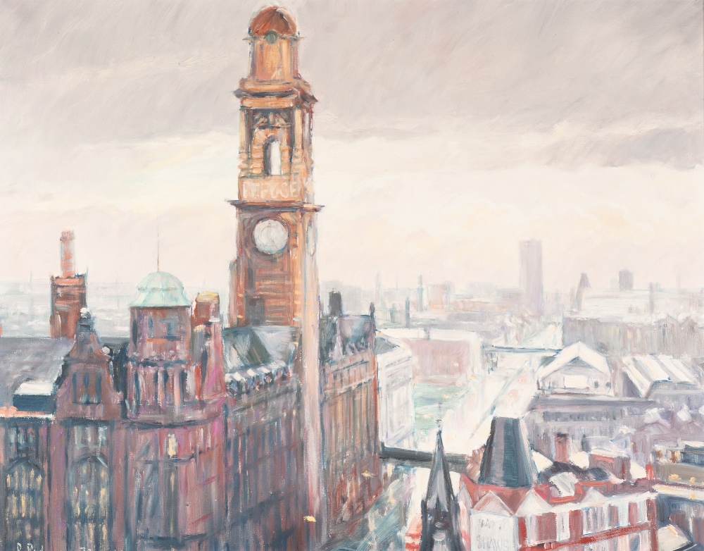 •BOB RICHARDSON (b. 1938) OIL PAINTING ON CANVAS Panoramic view of Oxford Road, Manchester, with the