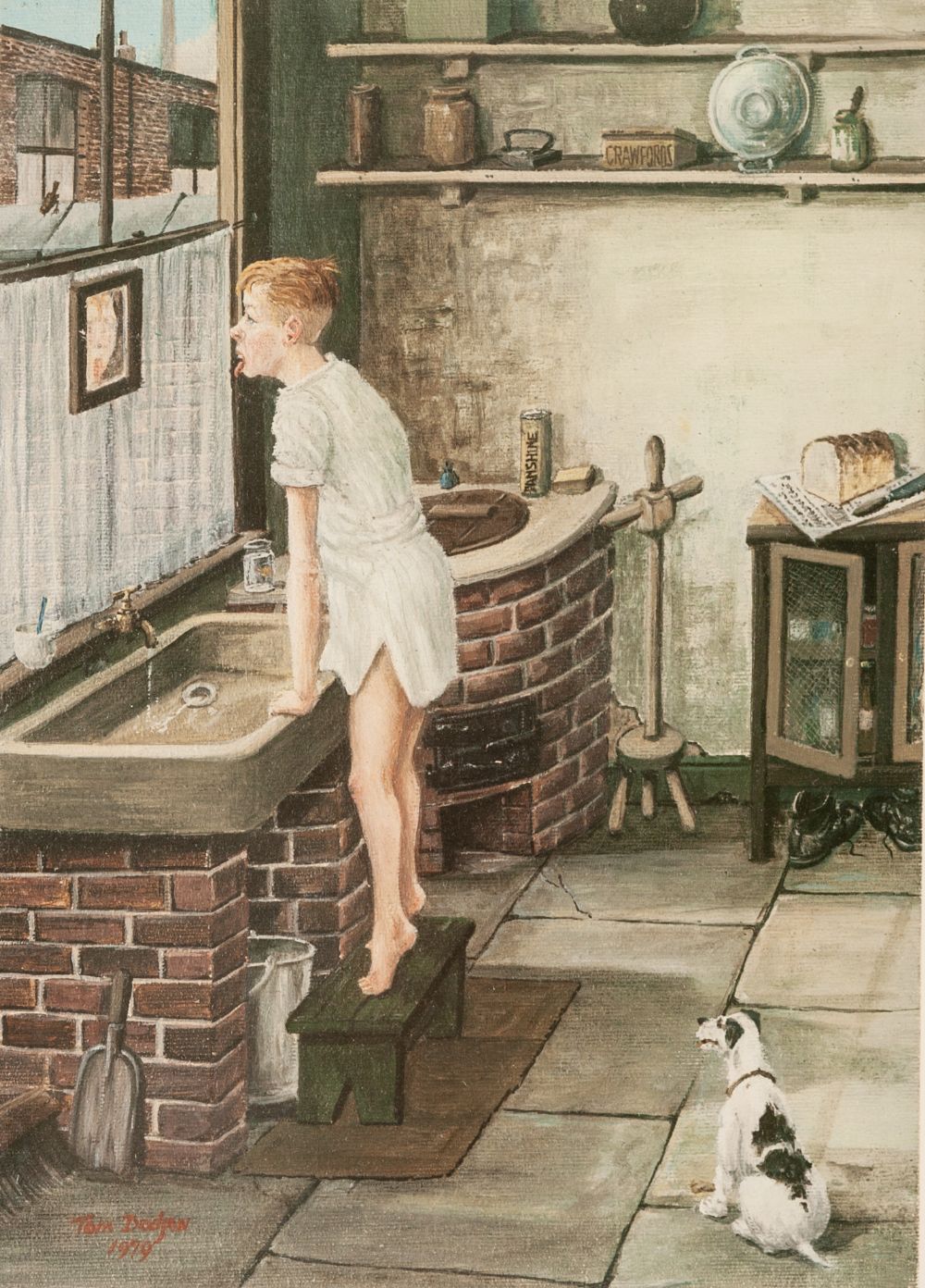 TOM DODSON (1910 - 1991) ARTIST SIGNED COLOUR PRINT 'Boy at kitchen sink' Blind stamped and signed