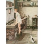 TOM DODSON (1910 - 1991) ARTIST SIGNED COLOUR PRINT 'Boy at kitchen sink' Blind stamped and signed