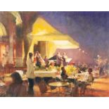 •BOB RICHARDSON (1938) PASTEL DRAWING Continental hotel exterior with band playing under an awning