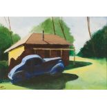COLIN JELLICOE (1942 - 2018) ACRYLIC ON PAPER 'Iverson Cabin and Blue Car' Signed and dated 2016