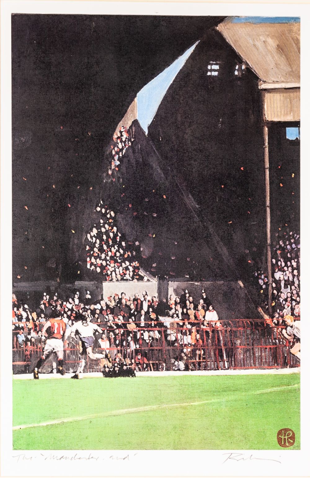 •HAROLD RILEY (1934) ARTIST SIGNED COLOUR PRINT 'The Manchester End', Manchester United football