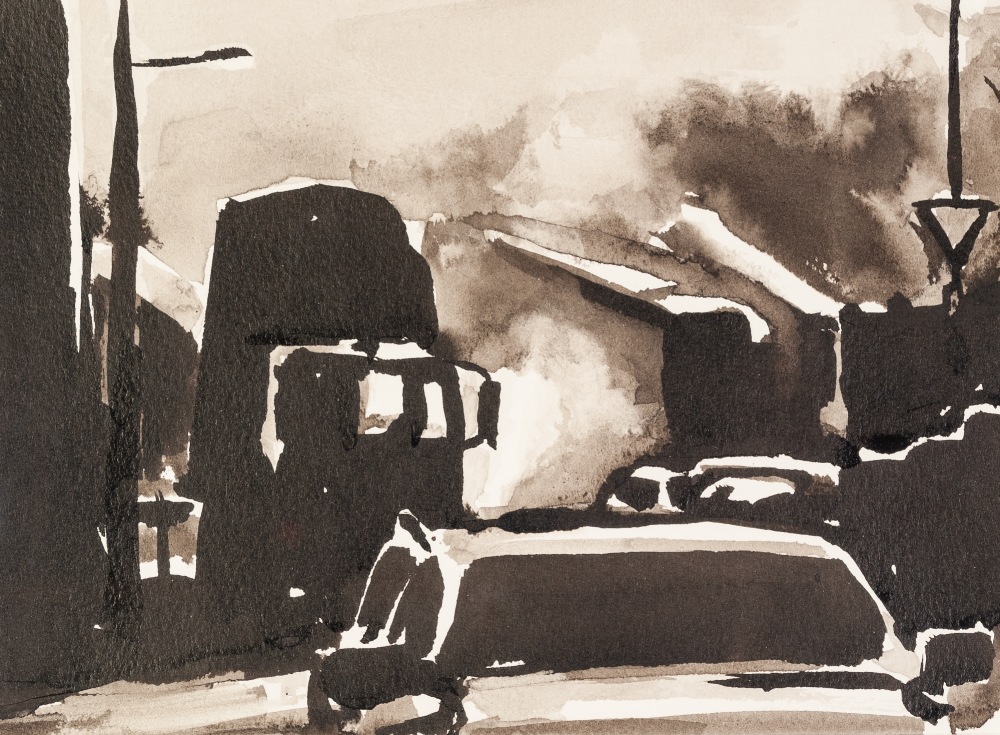 •LIAM SPENCER (1964) MONOCHROME INK WASH DRAWING 'Road Works' Signed, titled and dated 2007, verso 7