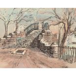 TOM BROWN (b. 1933) PEN AND BLACK INK AND PASTEL 'Bridge over Bridgewater Canal, Worsley,