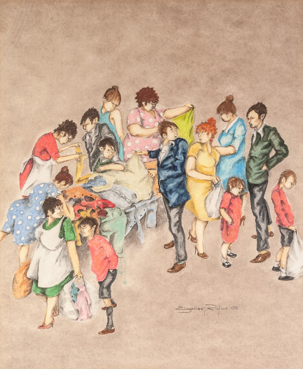 ELIZABETH R. HUNT PASTEL DRAWING ON BUFF PAPER Figures crowding round a jumble sale stall Signed and