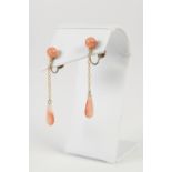 A PAIR OF PINK CORAL DROP EARRINGS, each with a single coral bead chain drop terminating in a tear