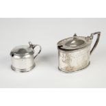 GEORGIAN STYLE SILVER LIDDED OVAL MUSTARD POT with engraved Adam style decoration with bell