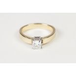 18K GOLD RING, set with a square cut solitaire diamond, 6.5gms, ring size 'O/P'