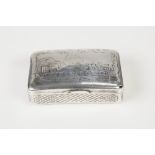 RUSSIAN 19th CENTURY SILVER SNUFF BOX of carved oblong form, the hinged lid engraved with buildings,