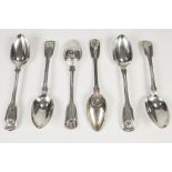 SET OF SIX VICTORIAN SILVER DESSERT SPOONS with fiddle thread and shell pattern handles, makers