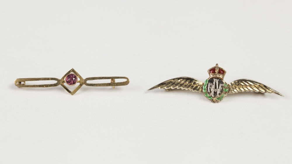 9ct GOLD AND ENAMELLED 'R.A.F.' WINGS BROOCH, 1 3/4" wide, 3.1gms and a 9ct GOLD BAR BROOCH, set