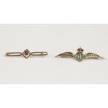 9ct GOLD AND ENAMELLED 'R.A.F.' WINGS BROOCH, 1 3/4" wide, 3.1gms and a 9ct GOLD BAR BROOCH, set