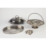 AN ELECTROPLATED PRESENTATION ENTRÉE DISH WITH COVER, STAND AND INTERNAL GRILLE, of oval form with