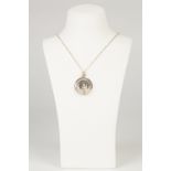 9ct GOLD FINE CHAIN NECKLACE AND 9ct framed and glazed PHOTOGRAPH PENDANT, circular ad double sided,