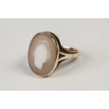 VICTORIAN 9ct GOLD RING, set with a carved oval shell cameo, 3.2gms