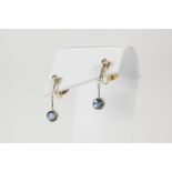 A PAIR OF 9ct GOLD DROP EARRINGS, each with a chain drop having centre seed pearl and collet set