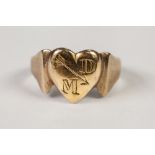 GOLD COLOURED METAL SIGNET RING, with heart shaped top, 3.9gms